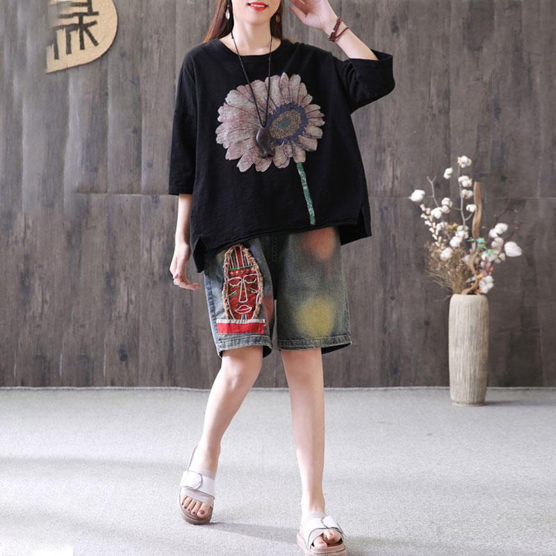 Three Quarter Sleeve Loose Sunflower Printed Black Tops