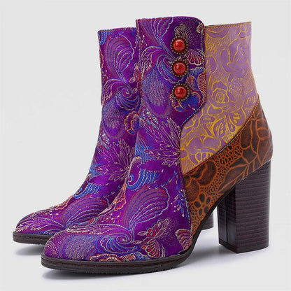 Retro Vintage Printed Leather Block High Heels Ankle Boots