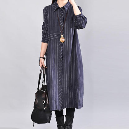 Navy Blue Stripe Cotton  Linen Stand Collar Women Long Shirt