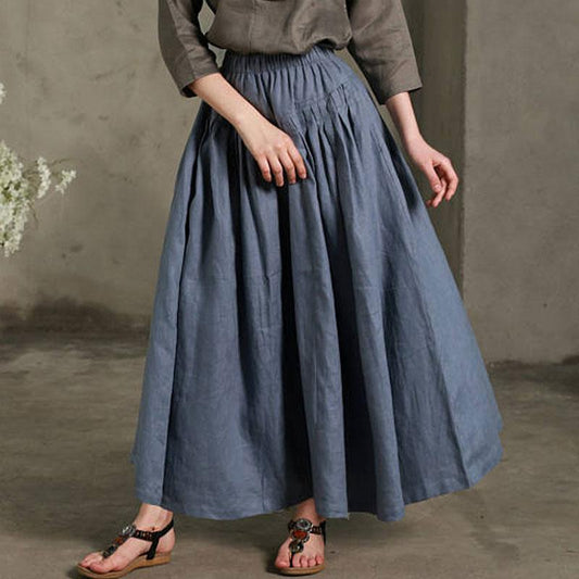 Causal Women Summer Cotton Linen Blue Pleated Skirt