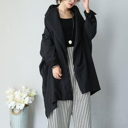 Women Literature Elegant Loose Shoulder Sleeve Black Coat