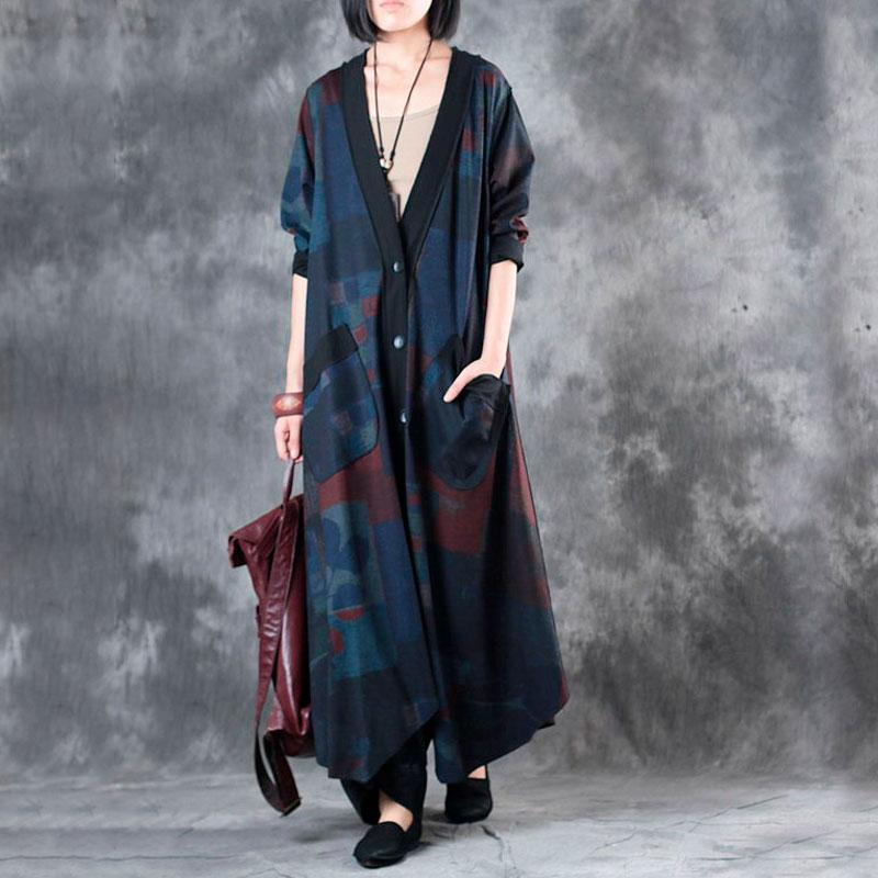 V Neck Single Breasted Retrpo Printing Long Sleeves Dark Blue Women Dress