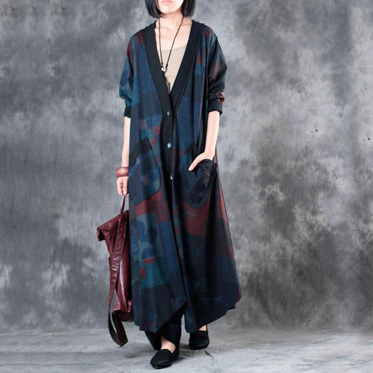 V Neck Single Breasted Retrpo Printing Long Sleeves Dark Blue Women Dress