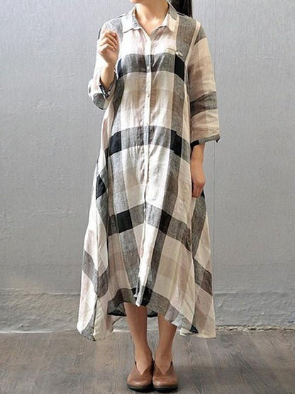 Women cotton linen shirt dress summer 3/4 sleeve