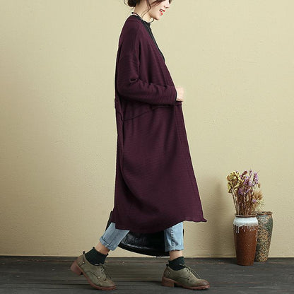 Women Long Sleeve Stripe Pockets Dark Red Cardigan Coat