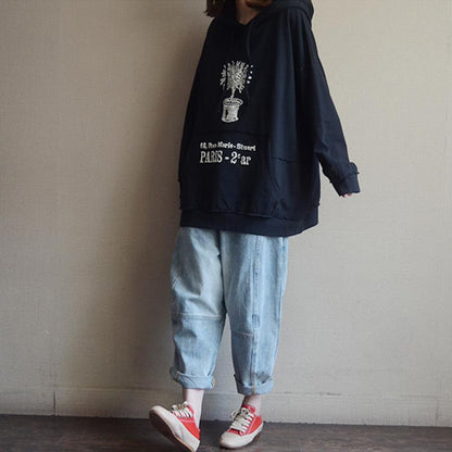 Plant Print Cotton Hooded Spring Sweatshirt