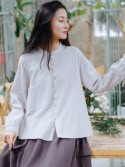 SOLID LOOSE PLEATED STAND COLLAR SHIRT