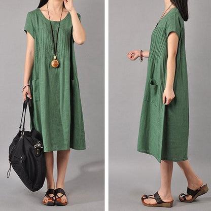 Women Cotton Linen Loose Fitting Dress in Green-Size M,L,XL,2XL