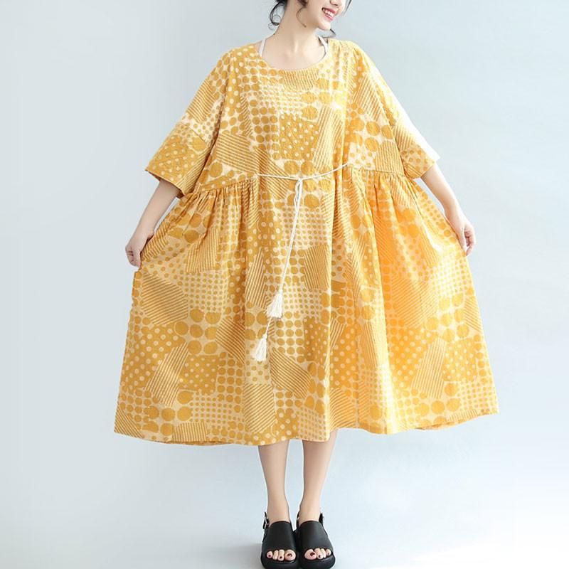 Round Neck Printing Lacing Summer Women Yellow Dress
