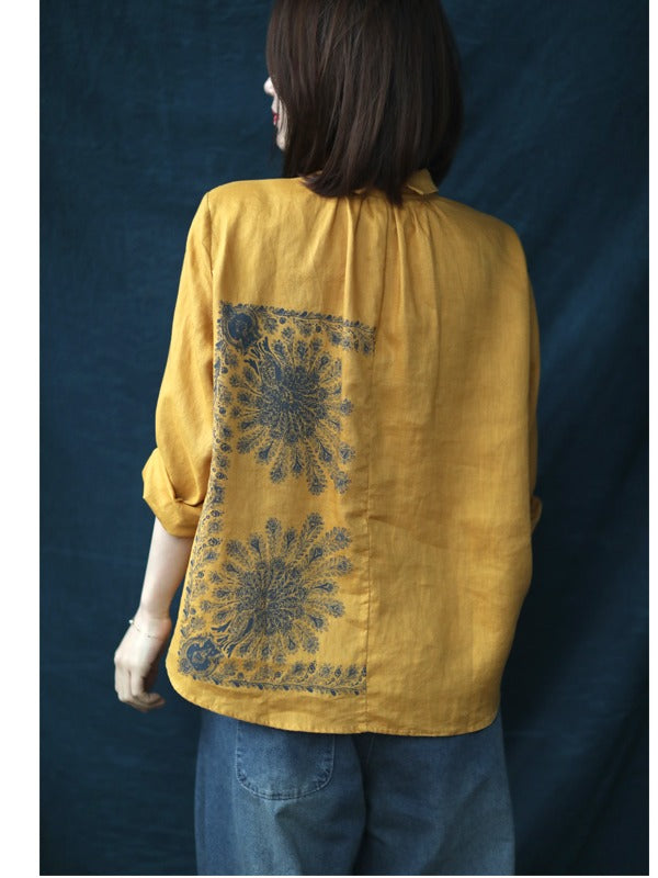 LOOSE CASUAL CROPPED PRINT LAPEL SHIRT