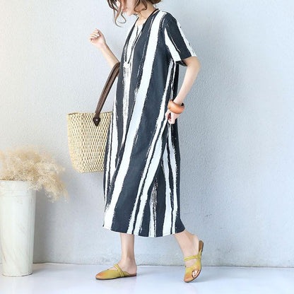 Cotton Linen Short Sleeves Black Dress