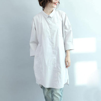 Irregular Literature Polo Collar Long Sleeves Cotton White Women Dress