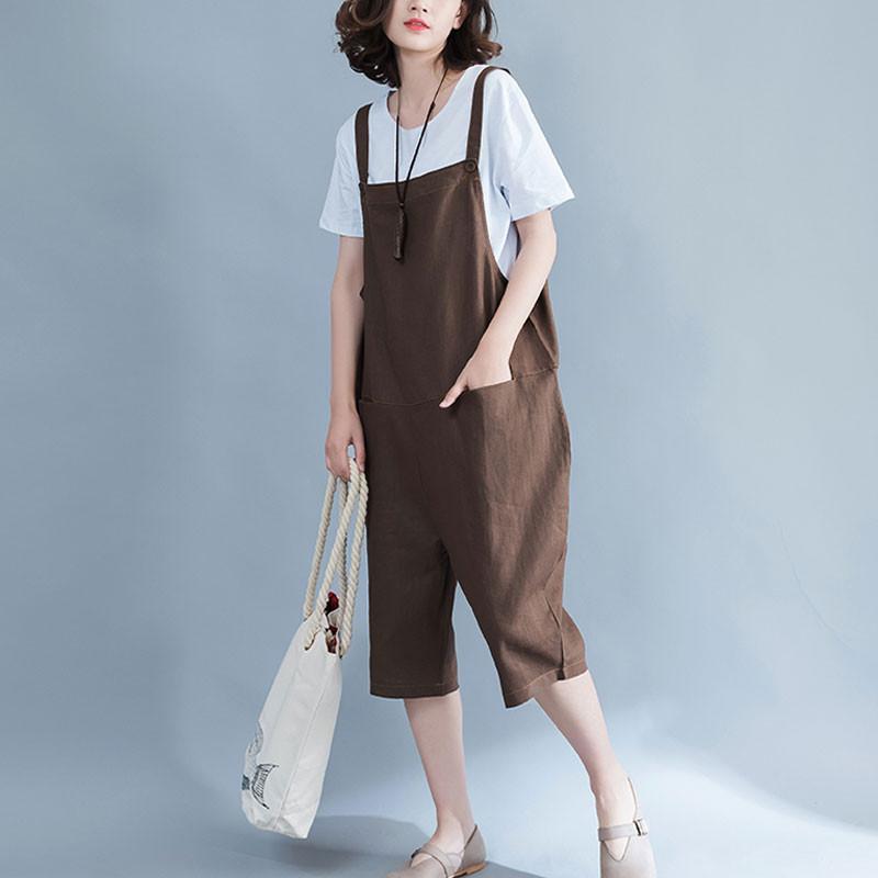 Women Linen Loose Casual Summer Plain Coffee Jumpsuit Pants