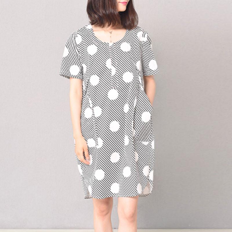 Round Neck Double Pocket Dot Women Black Stripe Dress