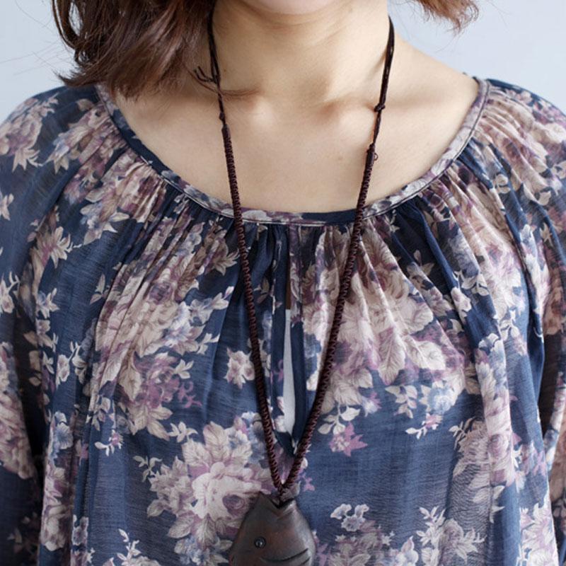 Retro Floral Printed Women Long Sleeve Purple Red Shirt