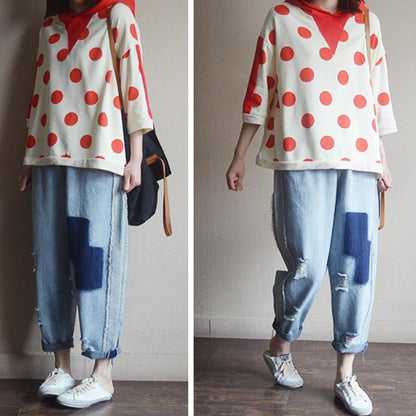 Loose Cotton Dot Hooded Print Blouse