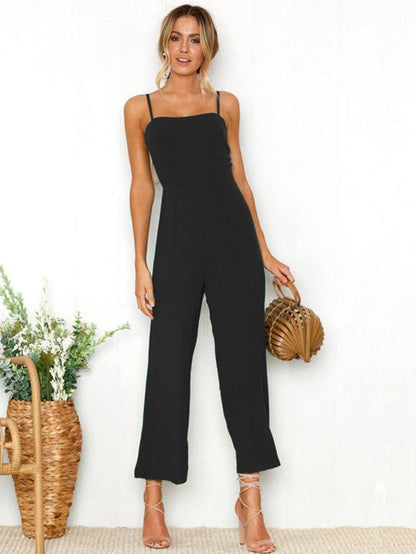 Solid Color Spaghetti-neck Wide Leg Jumpsuits