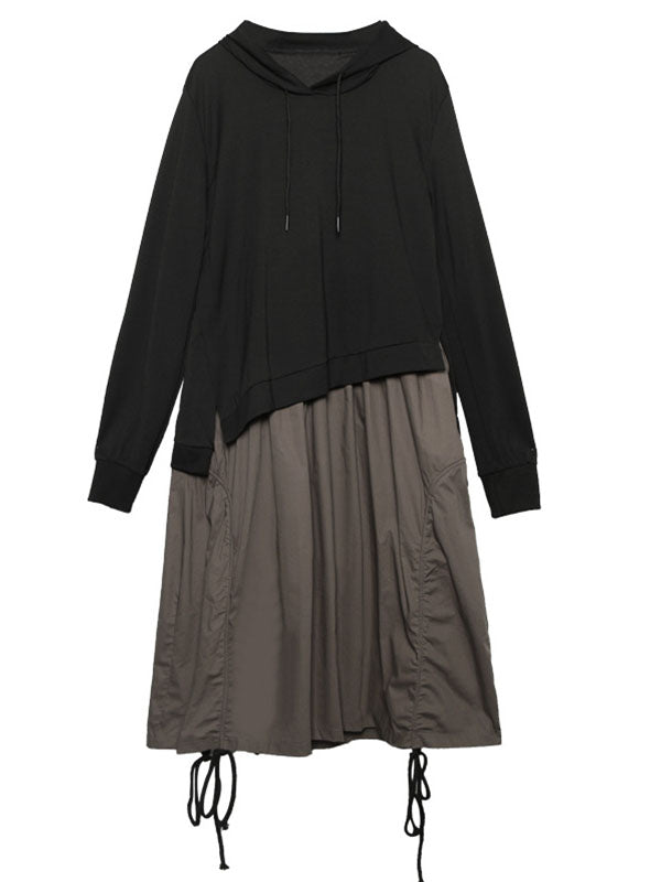 Retro False Two Split-joint Drawstring Sweatshirt Dress