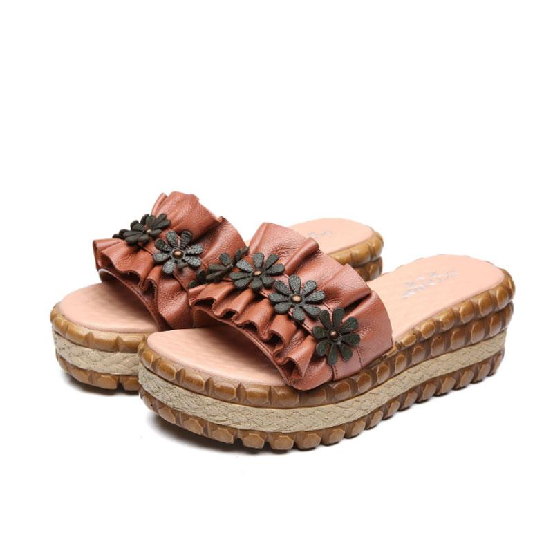 Slope Heel Thick Bottom Brown Slippers Women Beach Shoes