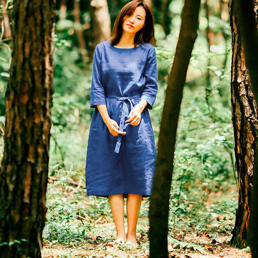 Loose Casual Women Round Neck Three Quarter Sleeve Blue Dress