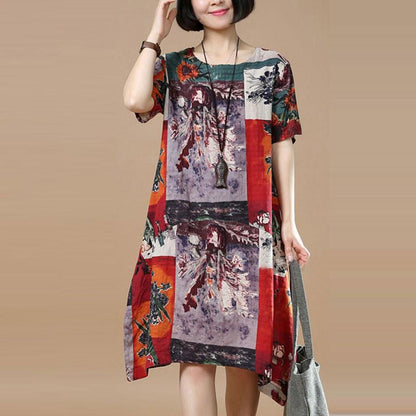 Summer Retro Printing Loose Red Dress
