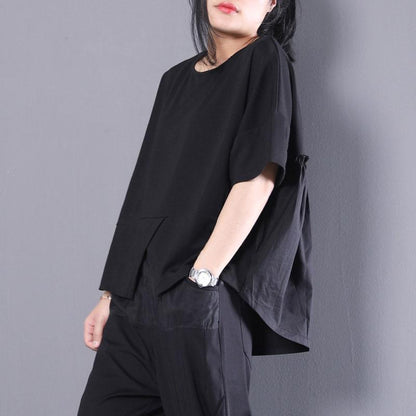 Women Black Cotton Short Sleeve Pleated Loose Tops