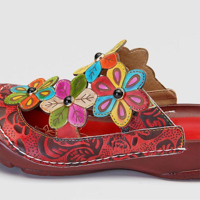 Retro Flower Pattern Handmade Leather Flat Round Head Comfortable Casual Sandals