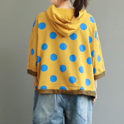 Loose Cotton Dot Hooded Print Blouse
