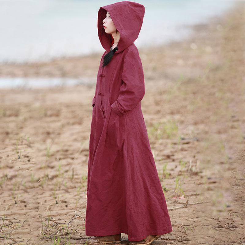 Retro Ethnic Frogs Long Sleeves Wine Red Autumn Winter Women Hoody Coat