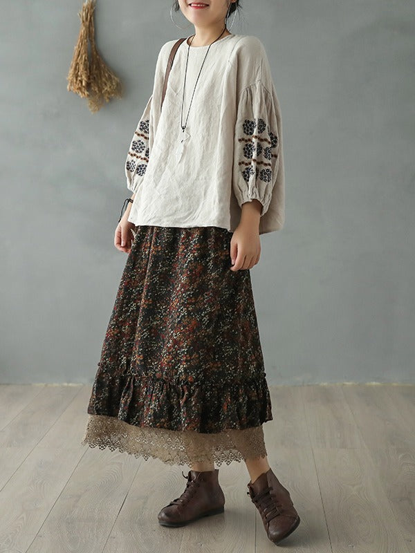VINTAGE LOOSE NINE-POINT SLEEVE ROUND NECK EMBROIDERED T-SHIRT