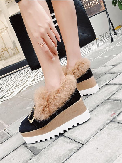 Plus Velvet Artificial Fur Buckle High Heels