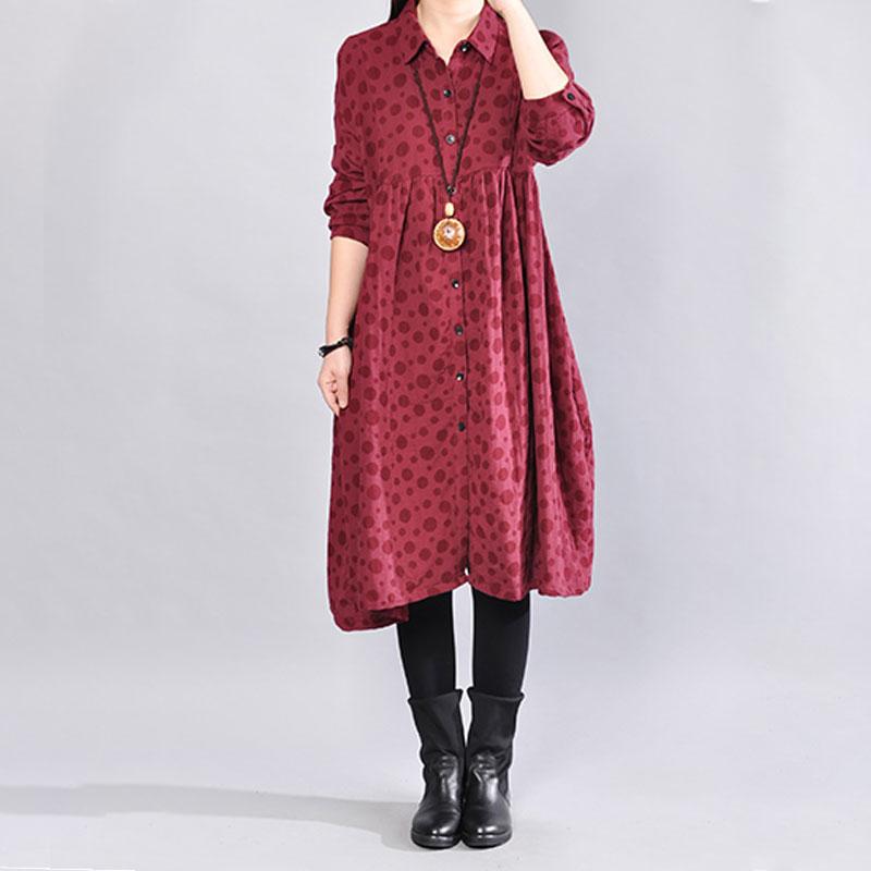 Soft Cotton Long Sleeves Red Dot Autumn Winter Women Dress
