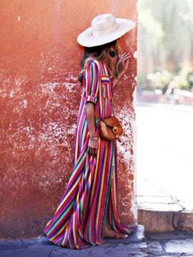 Bohemia Striped Shirt Maxi Dress