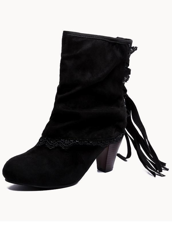 Solid Color Bandage Tasseled Purfle Lace Ankle Boots Shoes