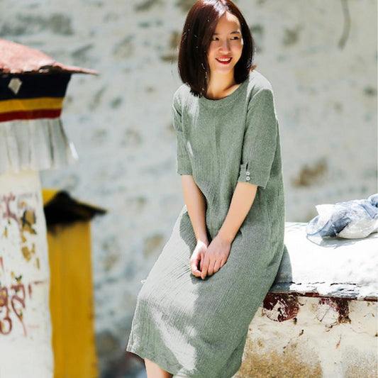 Round Neck Half Sleeve Women Summer Loose Green Pleated Dress