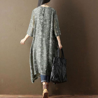 Retro Printed Lining Three Quarter Sleeve Green Dress