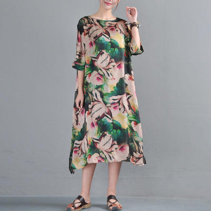 Loose Round Neck Half Sleeve Printed Dress Two Pieces