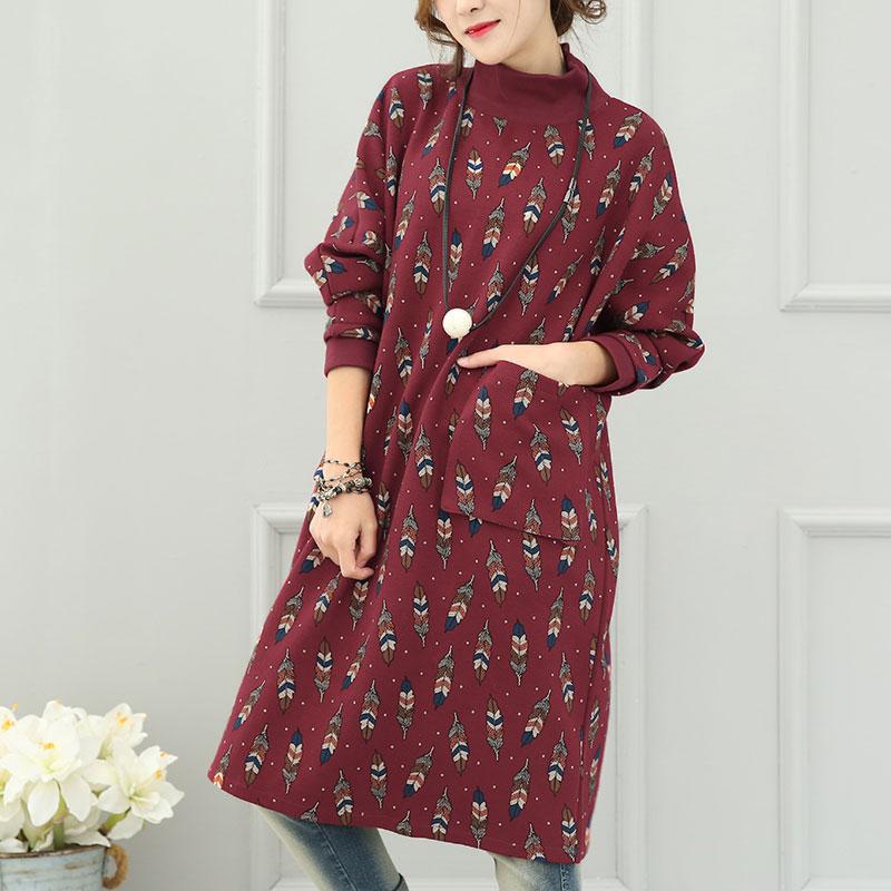 Literature Turtle Leaf Printing Neck Long Sleeves Big Pockets Red Women Dress