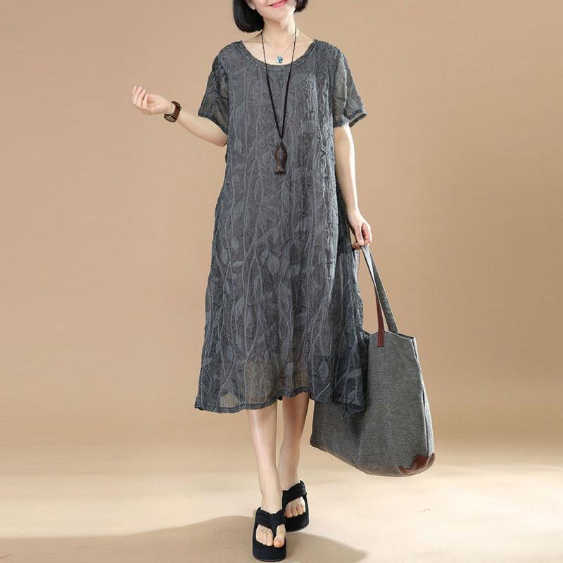 Summer Short Sleeves Women Casual Round Neck Dark Gray Dress