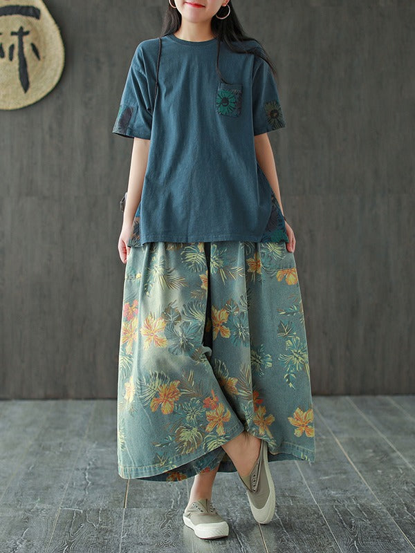 VINTAGE LOOSE PRINT JEAN WIDE-LEG PANTS