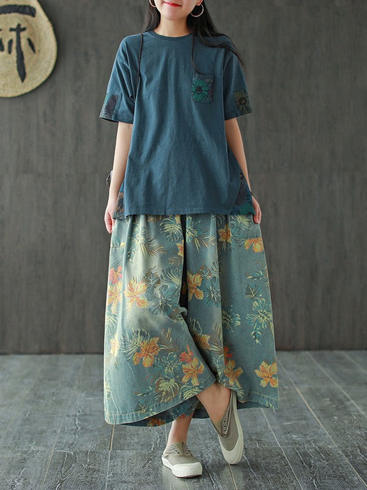 VINTAGE LOOSE PRINT JEAN WIDE-LEG PANTS