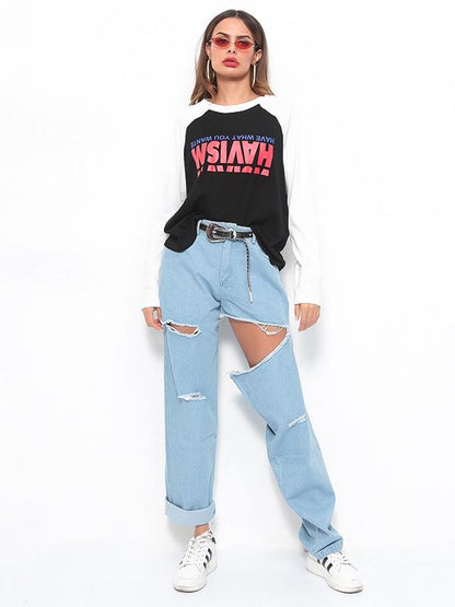Irregular High Waist Chic Holes Jeans