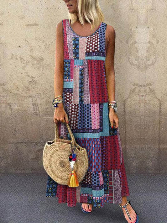 Plus Size Ethnic Printed Round Neck Maxi Dress