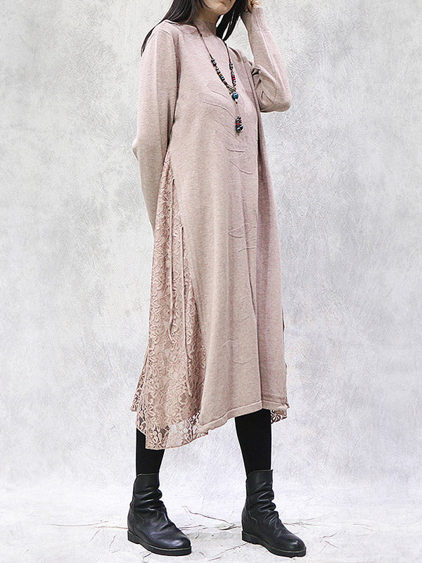 Artistic Retro Solid Color Split-Joint Embroidered Falbala Hollow Lace Tied Stand Collar Long Sleeves Knitted Sweater Dress
