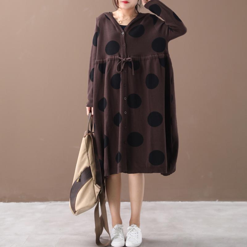 Buykud Literary Polka Dot Drawstring Comfortable Hooded Dress