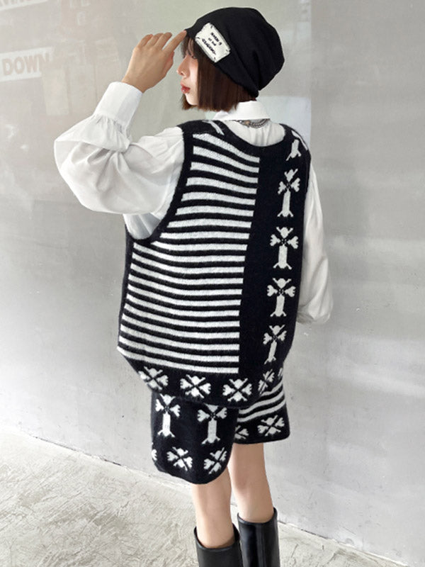 Fashion Printed Knitting  Vest & Shorts Separately 2 Pieces Set