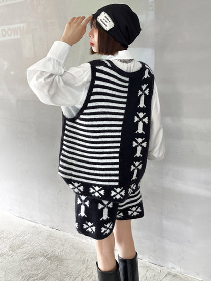 Fashion Printed Knitting  Vest & Shorts Separately 2 Pieces Set