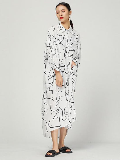Original Ramie Cotton Printed Lapel Long Blouse Dress