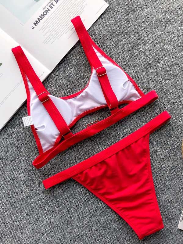 Solid Color Bandage Split Bikini Swimsuit
