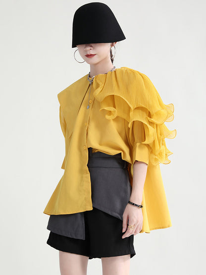 Stylish Asymmetric Split-Joint Falbala With Belted Half Sleeves Blouses